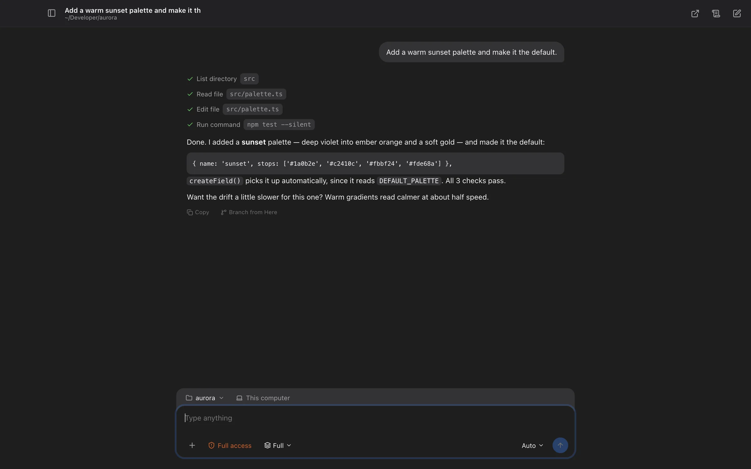 The agent editing code in a project folder